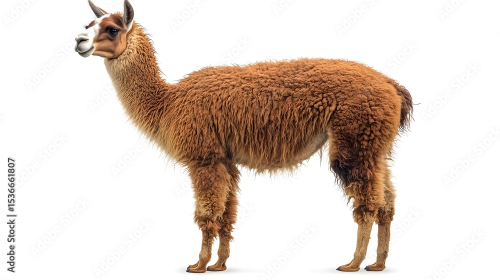Obraz premium A Fluffy Brown Llama Standing Against a White Background A Perfect Image for Textile Designs or Animal Print Projects