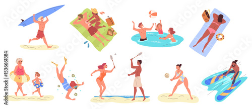 People beach activities. Woman man in swimwear characters, summer vacation activity relaxing sunbathing ocean sea water game seaside outdoor leisure set classy vector illustration