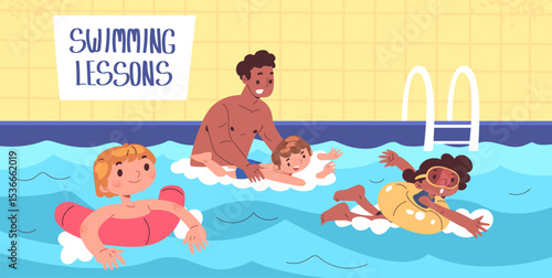 Swimming learn. Children swim in pool with coach, kids swimmers competition lesson water sport school practice exercise teacher training poolside class, classy vector illustration
