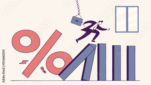 Vector Jumping businessman with briefcase knocks over percentage sign