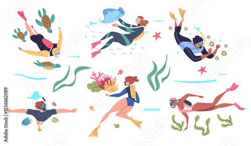 People scuba diving. Diver dive sea ocean underwater, man woman snorkel swim under water coral reef frogman immersion swimmer suit divers equipment, set classy vector illustration