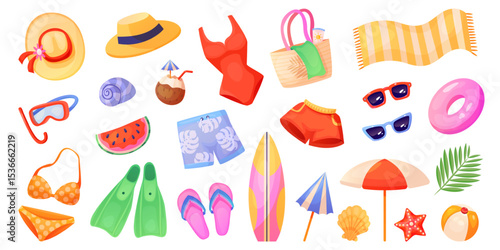 Summer beach stuff. Cartoon travel summertime accessories, tropical sea holiday tourist clothes hat bag bikini slippers sunglasses parasol pool party, swanky vector illustration