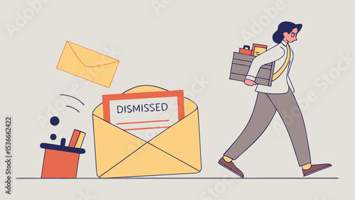 Job Loss Dismissed Man walks away from large envelope marked Dismissed,