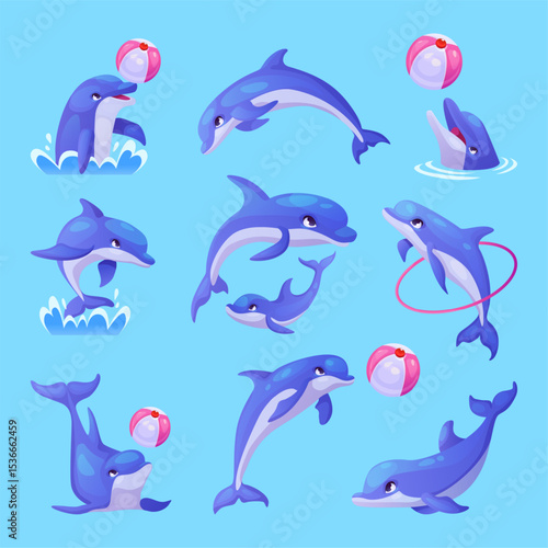 Cartoon dolphins. Cute dolphin happy characters, sea fish under water animal swim jump play ball in dolphinarium aquarium underwater pool aquatic park, swanky vector illustration
