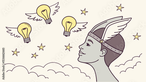 Gazing lightbulbs with wings, Whimsical illustration featuring person with serene expression,