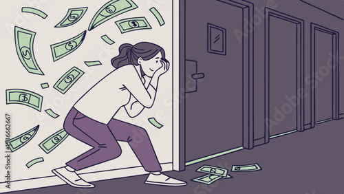 Businesswoman is overwhelmed by money falling around her, expressing stress and anxiety