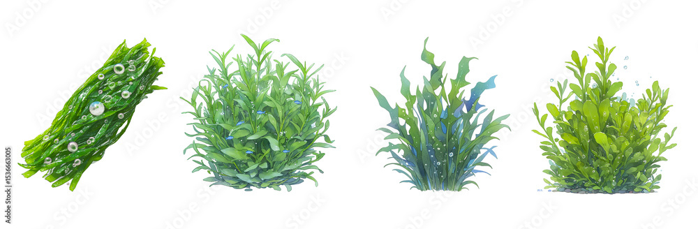 Obraz premium Watercolor collection of seaweed and underwater plants in green and blue tones. Ideal for ocean scenes, aquarium decor, and marine design projects. 
