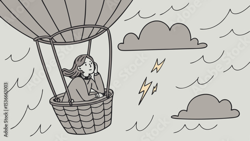 Woman sits anxiously in hot air balloon basket, surrounded by stormy clouds