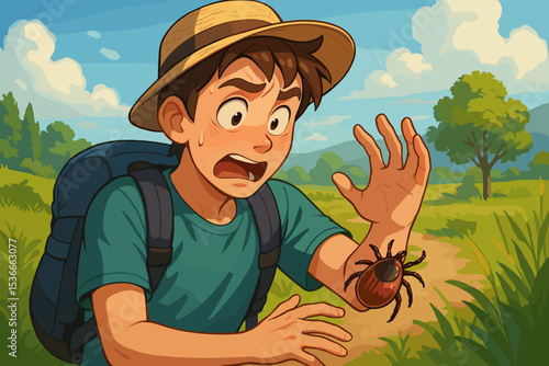 Scared boy finds tick on arm during nature hike
