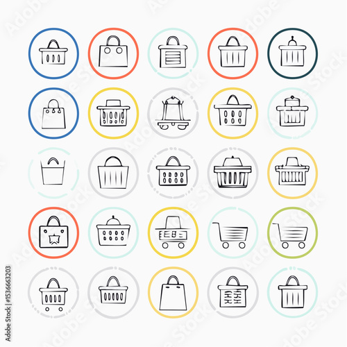 Set of 30 outline icons related to shopping cart, shopping  basket, shopping  bag. Linear icon collection. Editable stroke. Vector illustration
