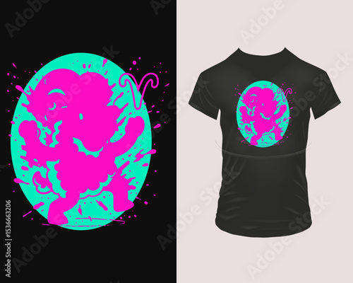 Vector illustration of a t-shirt print – Aries. Neon abstract silhouette of a ram inside a circle with zodiac symbol. Great for edgy apparel, streetwear, and vibrant fashion styles.