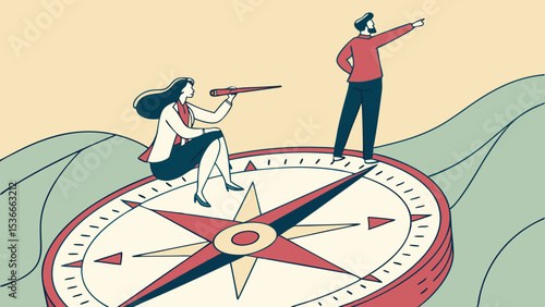 SVG Vector woman sits atop giant compass, guiding direction with confidence and clarity
