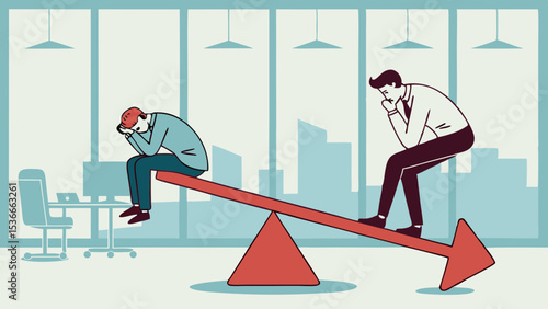 SVG Vector Two businessmen sit opposite ends of seesaw, reflecting their emotional struggles modern office