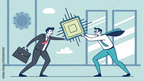 SVG Vector Struggling businessmen compete for control of large object, showcasing tension and rivalry