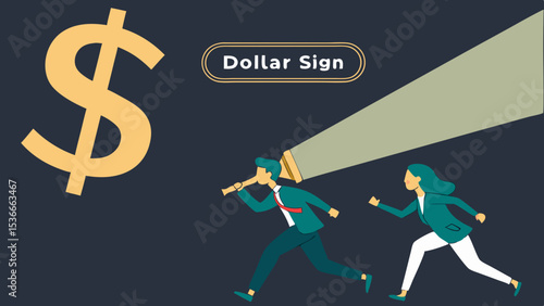 SVG Vector Businesspeople chase success with determination, spotlighting dollar sign