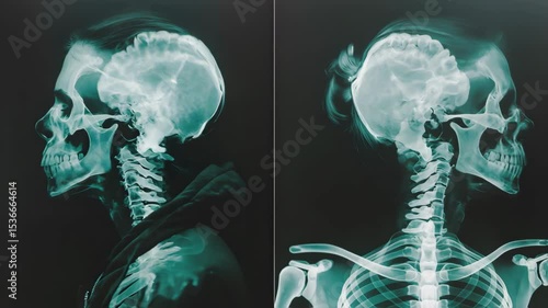 Lateral x ray images reveal key anatomical structures of the human skull and spine, demonstrating changes in view and positioning.