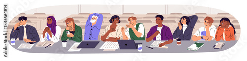 Students are bored at lectures. Tired audience listens to presentation, conference in class. Exhausted people sit at desk, talk, yawn, use phone while lesson in auditorium. Flat vector illustration