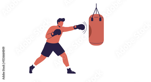 Boxer training with punching bag in dynamic motion on white background  