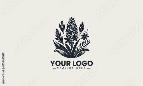 Beautiful hyacinth flower in full bloom with vivid color and leafy stem vector logo illustration design