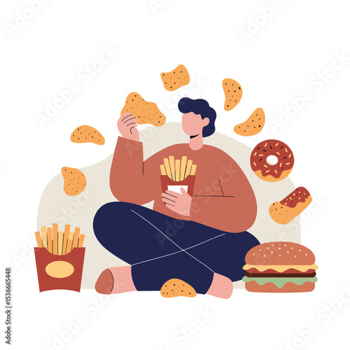 Young man sitting and enjoying fast food snacks indoors  