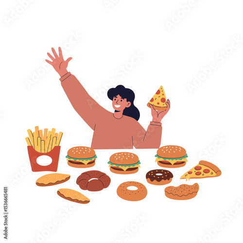 Happy woman celebrating with junk food and snacks on table  