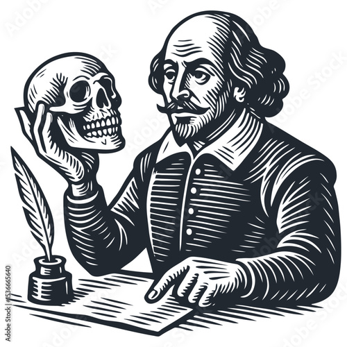 Vintage linocut vector: William Shakespeare holding Yorick's skull, from Hamlet. Iconic playwright with quill and manuscript. Classic literary, theatrical art.