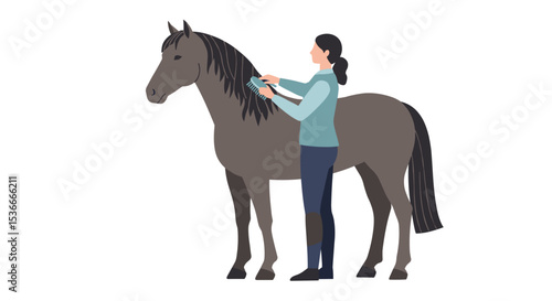 Woman grooming a horse while standing outdoors in a serene setting  