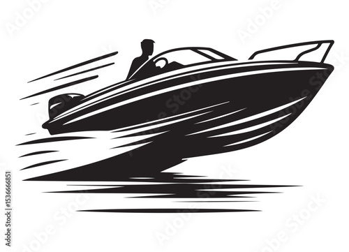 Silhouette Speedboat Illustration Racing over the Water Graphic Design