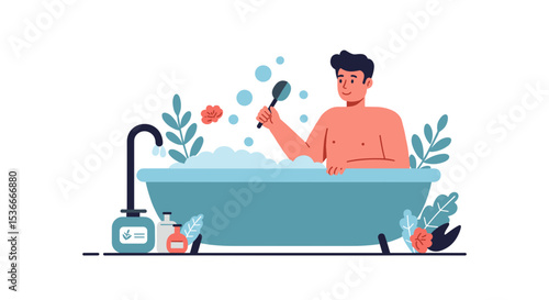 Young man relaxing in a herbal detox bath with bubbles and flowers  