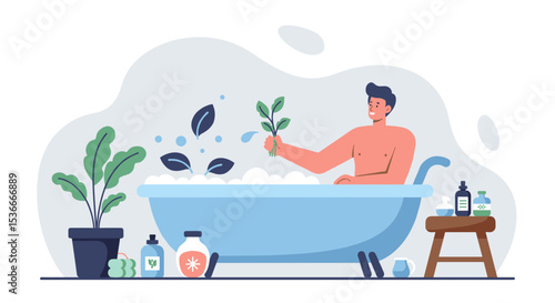 Man enjoying herbal detox bath with leaves and plants at home  