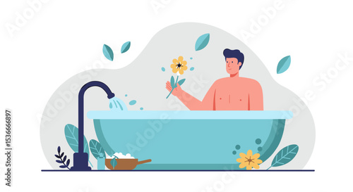 Man relaxing in herbal detox bath with flowers and water  