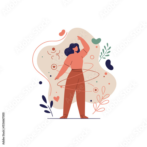 Woman hula hooping joyfully surrounded by abstract shapes and plants  