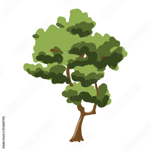 The tree is green and summery in a flat style. Plants in the forest. Vector illustration.