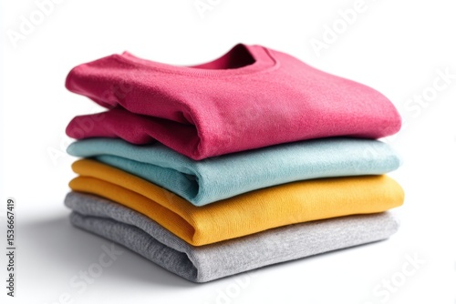 Stack of folded colorful t-shirts isolated on white background