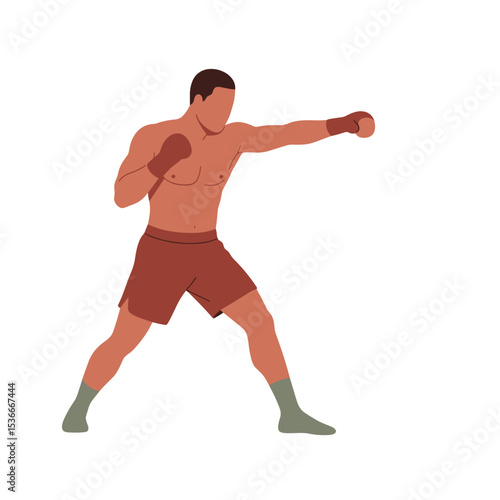 Male boxer practicing shadowboxing in athletic stance  