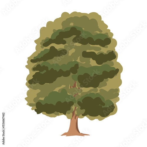 The tree is green and summery in a flat style. Plants in the forest. Vector illustration.