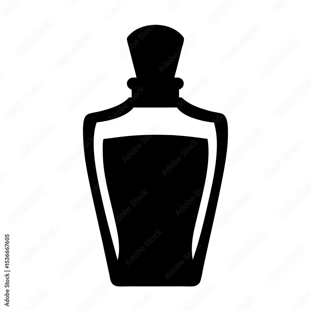 Silhouette of elegant glass perfume bottle with decorative stopper on white background Silhouette of elegant glass perfume bottle with decorative stopper on white background