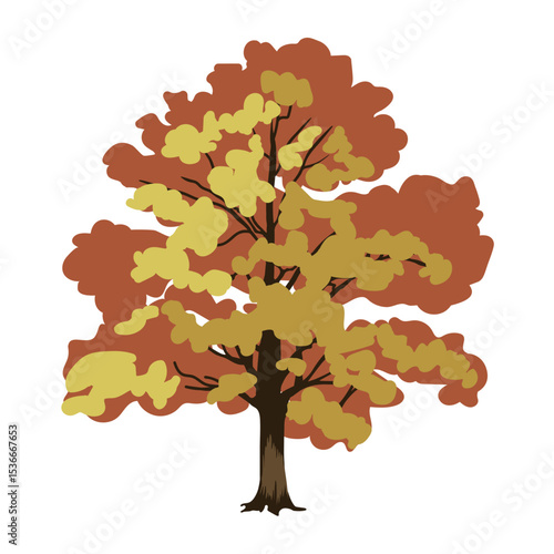 The tree is autumnal in a flat style. Plants in the forest, yellow and orange. Vector illustration.