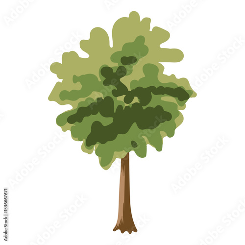 The tree is green and summery in a flat style. Plants in the forest. Vector illustration.