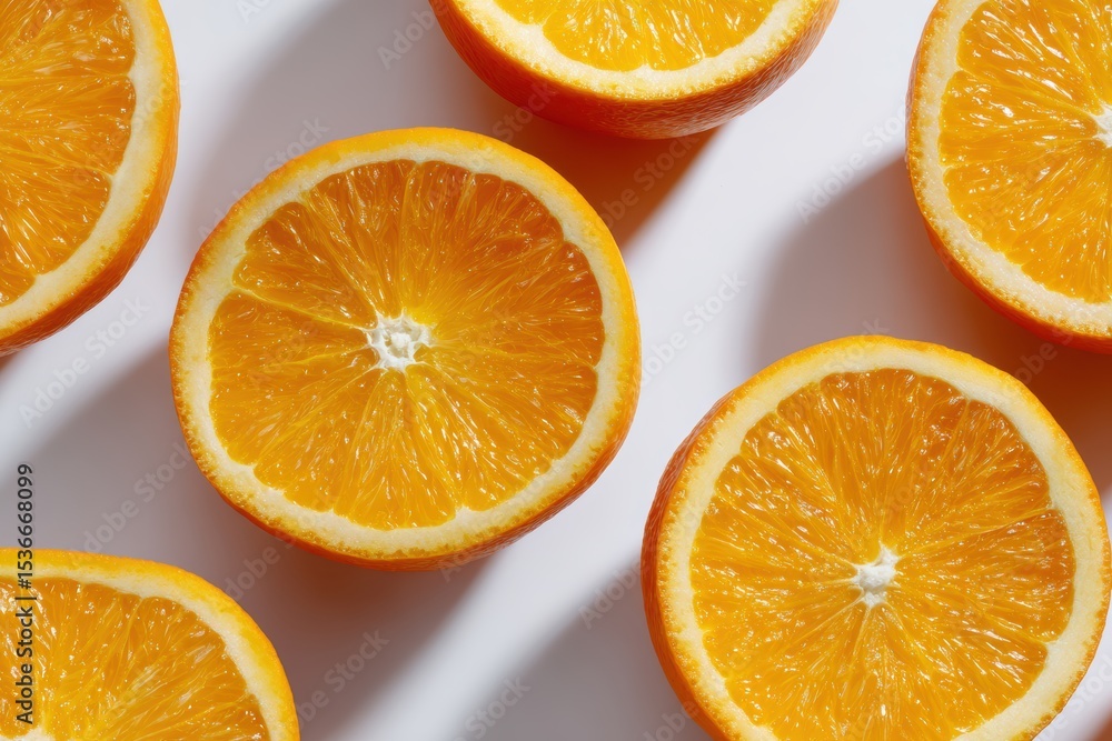 Fototapeta premium Fresh orange slices arranged in a grid on clean white surface
