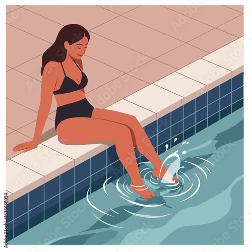 Woman relaxing by the pool and splashing water with her foot  
