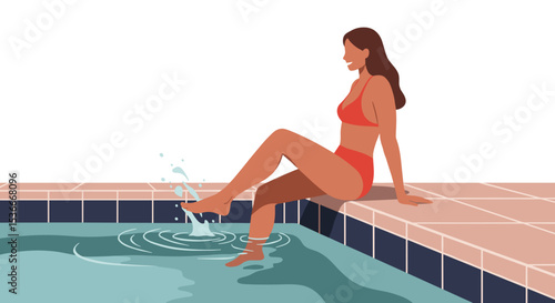 Woman relaxing by the pool splashing water with her foot during summer  