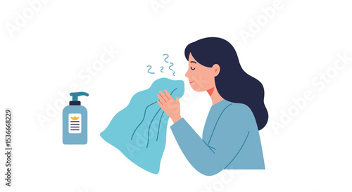Young woman smelling clean laundry with fabric softener bottle nearby  