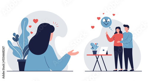 Woman feeling envious while watching happy couple share love  