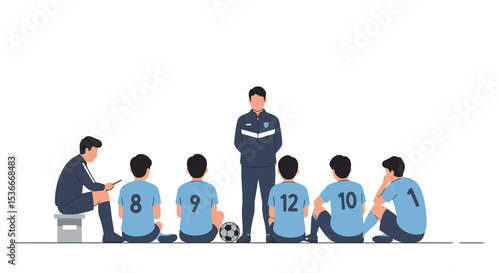 Youth soccer team listening to coach during training session  