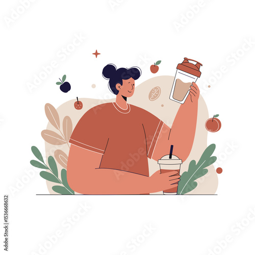 Young woman holding protein shake and smoothie in modern kitchen  