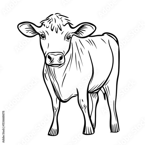 Young cow standing in a simple sketch style on a white background  