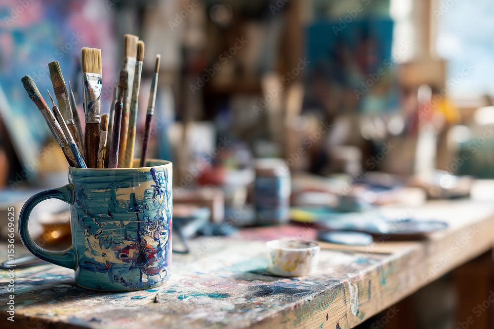 Fototapeta premium Artist workspace with scattered paintbrushes, ceramic mug and bright morning light
