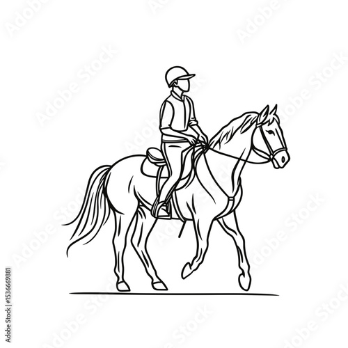 Equestrian rider trotting on horse in minimalist line art style  