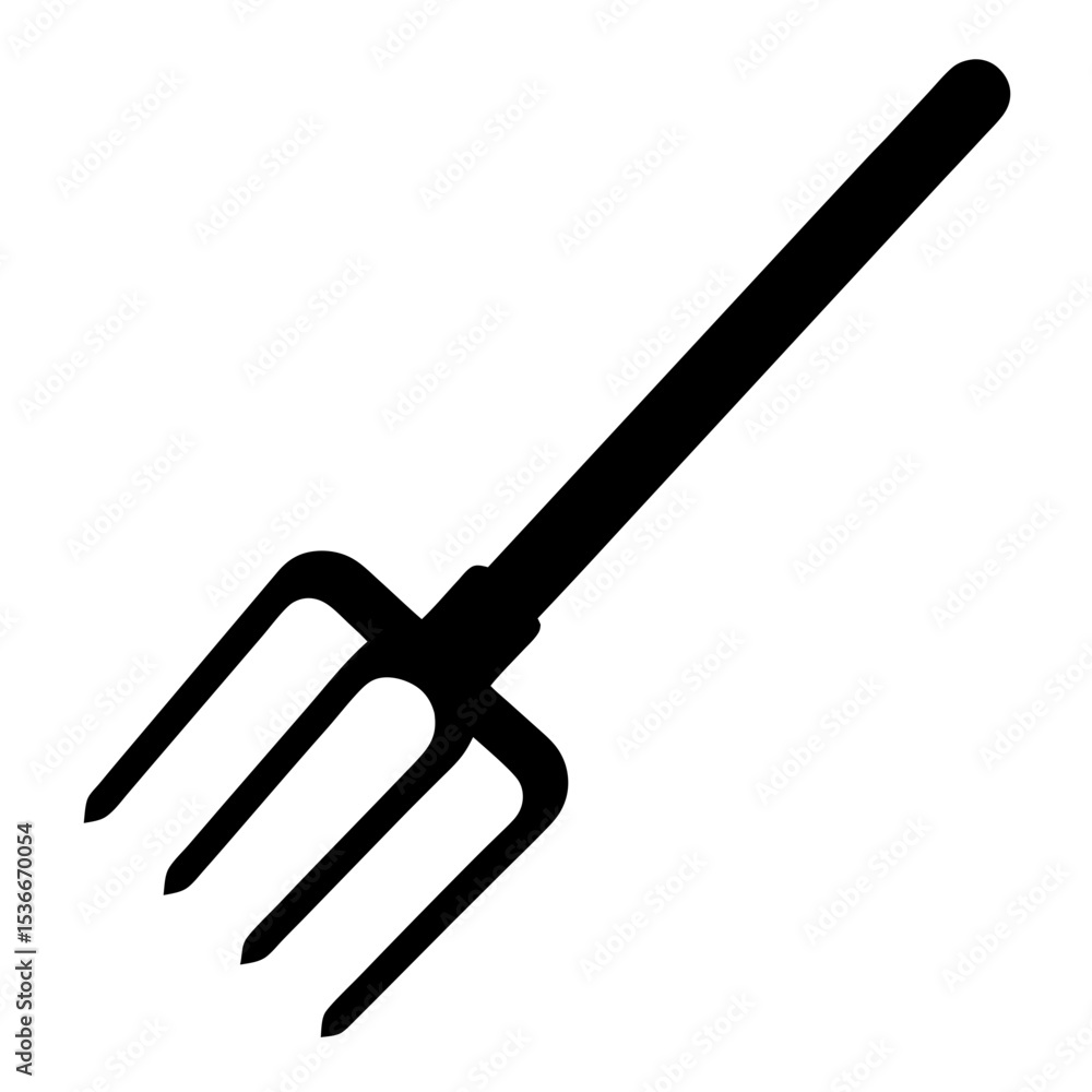 A simplistic black and white illustration of a threepronged pitchfork tool A simplistic black and white illustration of a threepronged pitchfork tool